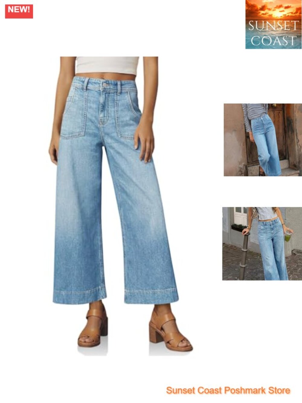 Cropped Wide Leg Jeans High Waisted Stretchy Denim Pants